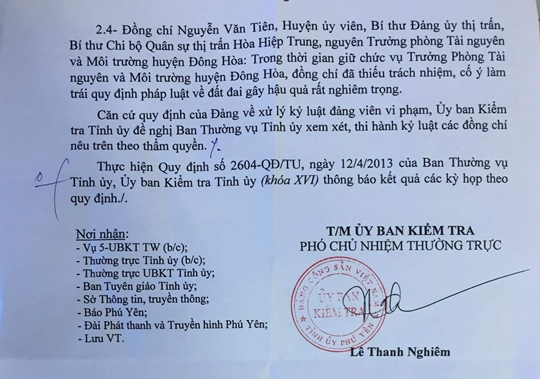 Phú Yên xử lý kỷ luật Đảng 5 cán bộ chủ chốt ở tỉnh và huyện