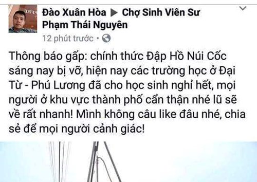Thanh niên tung tin “vỡ đập Hồ Núi Cốc” bị phạt 12,5 triệu đồng